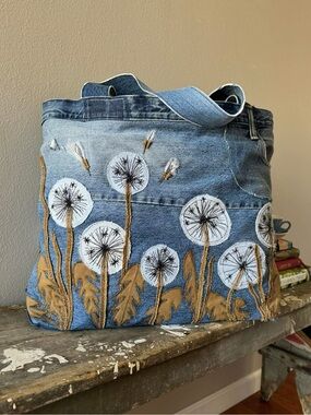 Handcrafted Denim “Dandelion” Tote Bag with Embroidered Floral Design